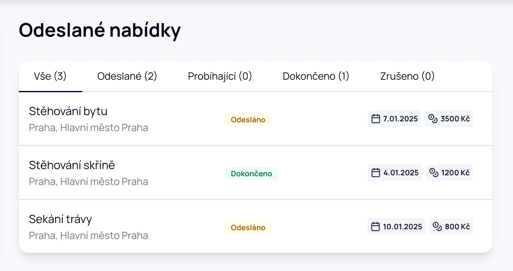 Screenshot of sent offers